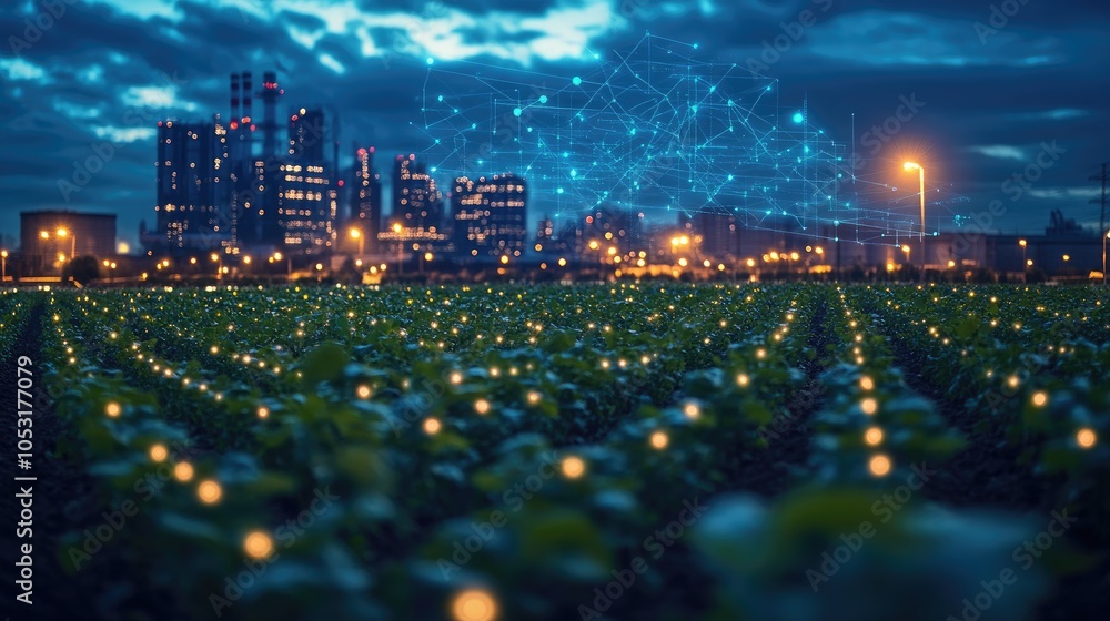 Poster a field of crops in the foreground with a city skyline and a network of connections in the backgroun