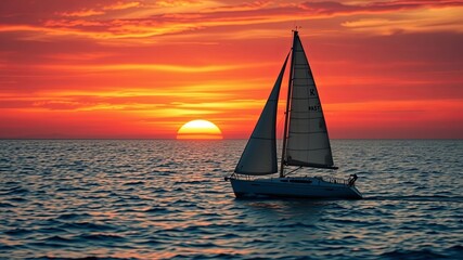 A single sailboat glides silently through the deep blue waters as a fiery sunset paints the sky in vibrant hues of orange and red.