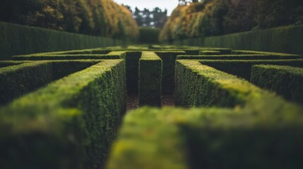 Green Maze Labyrinth: Intriguing perspective of a lush green hedge maze, creating a sense of mystery and challenge. Perfect for concepts of problem-solving, confusion, or finding your way