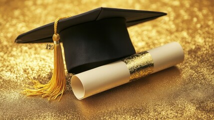 Stylish graduation cap and rolled diploma, centered on a golden brown surface, creating a classic and academic vibe