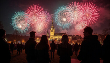 A dazzling display of red, blue, and green fireworks filling the dark sky above Graz's skyline
