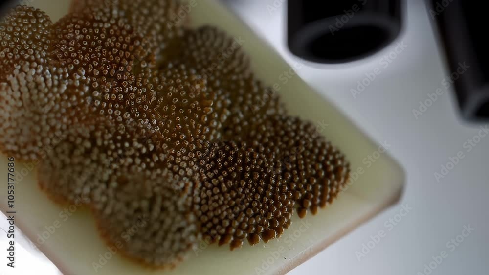Poster close-up view of coral polyps in laboratory under microscope light