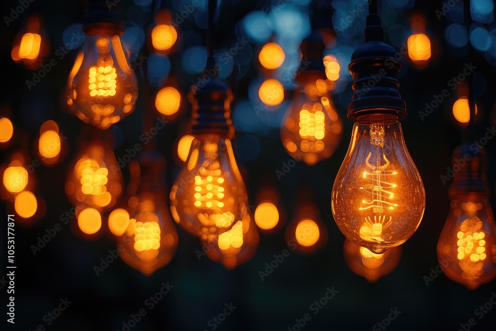 Poster a string of illuminated light bulbs with bokeh
