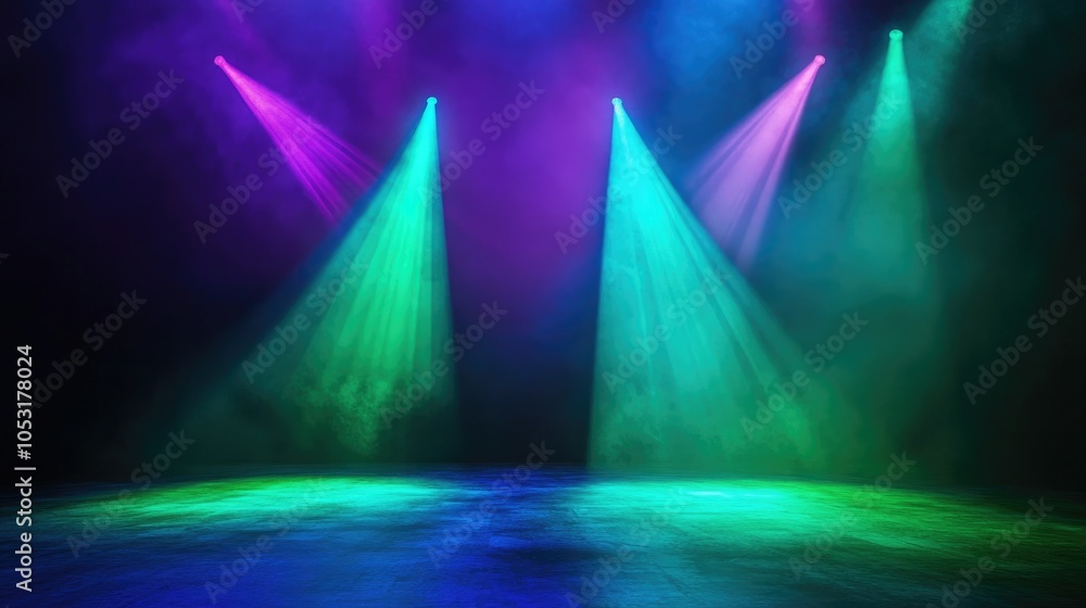 Canvas Prints Three luminous beams in green, blue, and violet highlight a dark stage in a realistic 3D rendering, perfect for nightclub settings