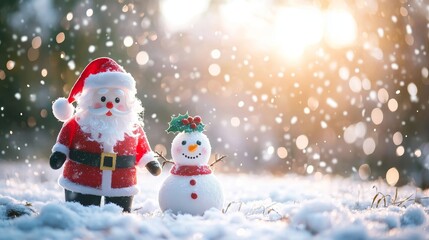 Festive Australian Christmas Scene with Santa Claus and Snowman Ornaments Enjoying Soft Snowfall under Warm Holiday Glow