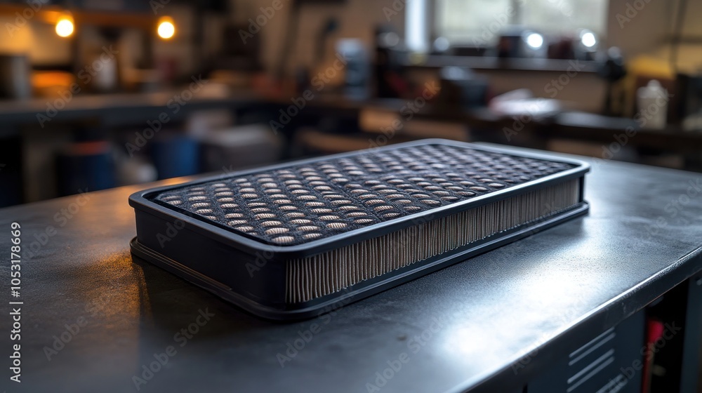 Poster a rectangular air filter resting on a workbench in a workshop.