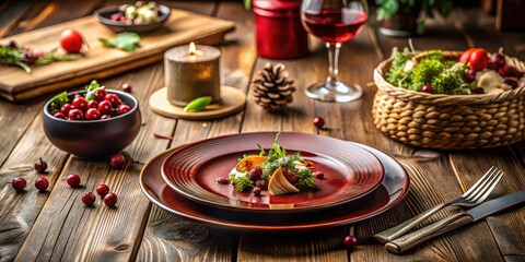 Stunning Tilt-Shift Photography of a Burgundy Plate on a Table - Top View with Beautifully Arranged Food and Elegant Table Setting for Culinary Inspiration and Dining Aesthetics