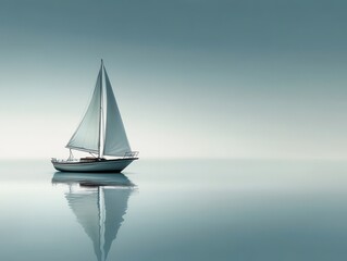 Fototapeta premium Solitude on the Calm Sea: A sailboat glides serenely across a tranquil expanse of water, its reflection mirroring the peacefulness of the scene.