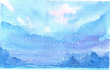 Obraz premium Beautiful purple-blue mountains and sky star, Watercolor Hand-drawn Illustration