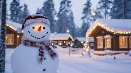 Naklejka premium Enchanting Christmas Magic in a Snow-Covered Finnish Village with a Cozy Snowman