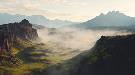 misty mountain landscape with dramatic cliffs and foggy valley
