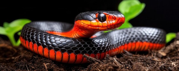 Naklejka premium Bright red and black snake with toxic venom, colorful poisonous snake, showcasing nature s dangerous vibrancy