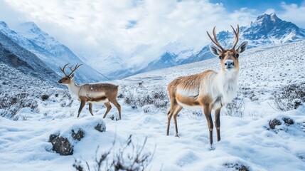 Majestic Reindeer in the Enchanting Snow-Covered Andes - Capturing the Tranquil Holiday Spirit of a Magical Winter Wonderland