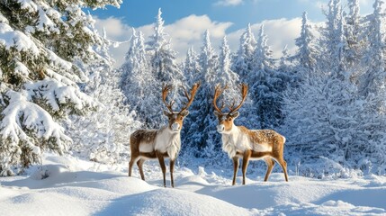 Naklejka premium Majestic Reindeer in a Peaceful Bosnian Snow-Covered Forest Creating a Holiday Atmosphere of Christmas Wonder
