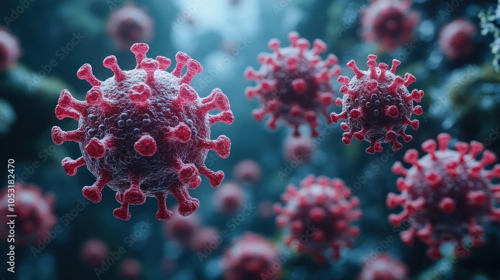 Poster microscopic view of virus particles in a digital environment.