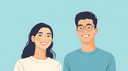 Obraz premium Casual happy Asian man and woman on light blue banner background.