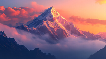 epic majestic mountain peak at sunset with dramatic clouds and fog