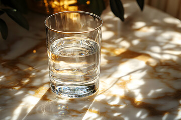 A glass of water reflecting light, surrounded by soft shadows on a marble surface, creating an elegant and serene atmosphere.