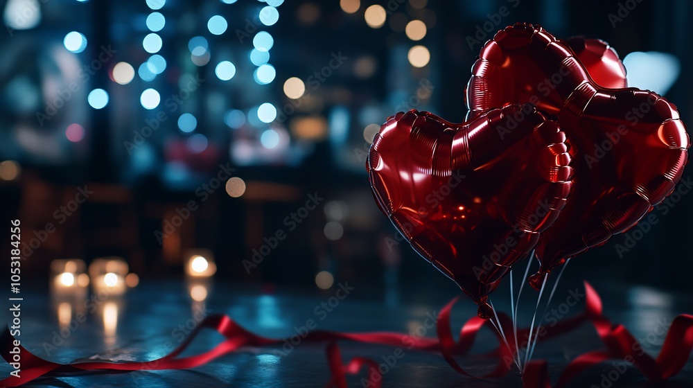 Poster three red heart-shaped balloons with red ribbon on a table with candles and bokeh lights in the back