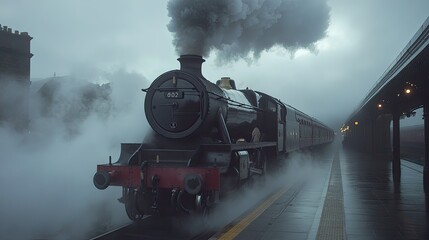 A powerful steam locomotive approaching a station, surrounded by fog and steam.