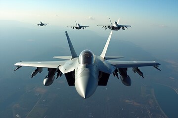 Military fighter jets flying above the city, aerial view. Warplane combat aircraft ready for air attack