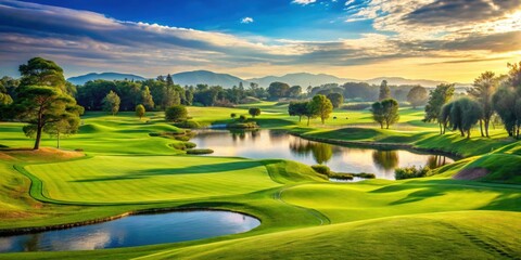 Beautiful green golf course with lush grass, manicured fairways, and picturesque landscape, Golf, course, green, grass