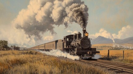 A steam locomotive in a rural setting, surrounded by open fields and distant mountains, with smoke billowing into the sky.