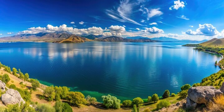 Stunning view of Lake Sevan Armenia with clear blue water and surrounding mountains, Lake Sevan, Armenia, scenic