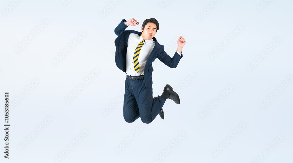 Aufkleber ジャンプする若い男性ビジネスパーソンの全身写真（切り抜き背景透過pngも販売しております。作成者リンクから「png」で検索してください）