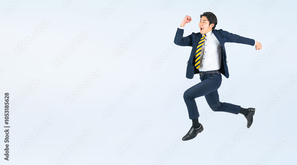 Poster ジャンプする若い男性ビジネスパーソンの全身写真（切り抜き背景透過pngも販売しております。作成者リンクから「png」で検索してください）