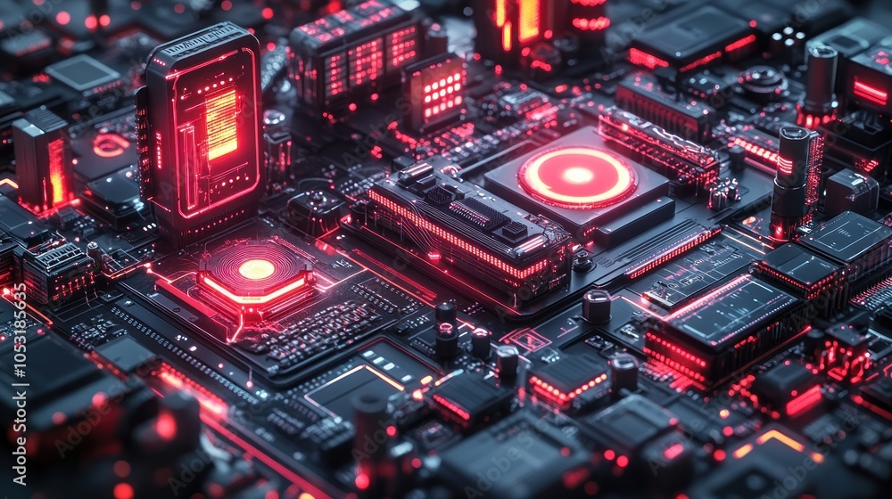 Poster a close-up view of a futuristic circuit board with glowing elements.