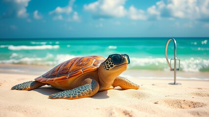 Obraz premium A sun-kissed sea turtle wearing sunglasses, basking on a sandy beach with a bright blue ocean backdrop.