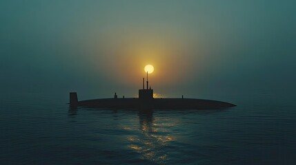 Fototapeta premium A submarine silhouette moving through the twilight zone of the ocean, where sunlight barely reaches.