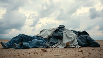 Naklejka premium A pile of discarded clothing lies forgotten on a sandy surface, the garments blending with the earth, a silent testament to an unseen story.