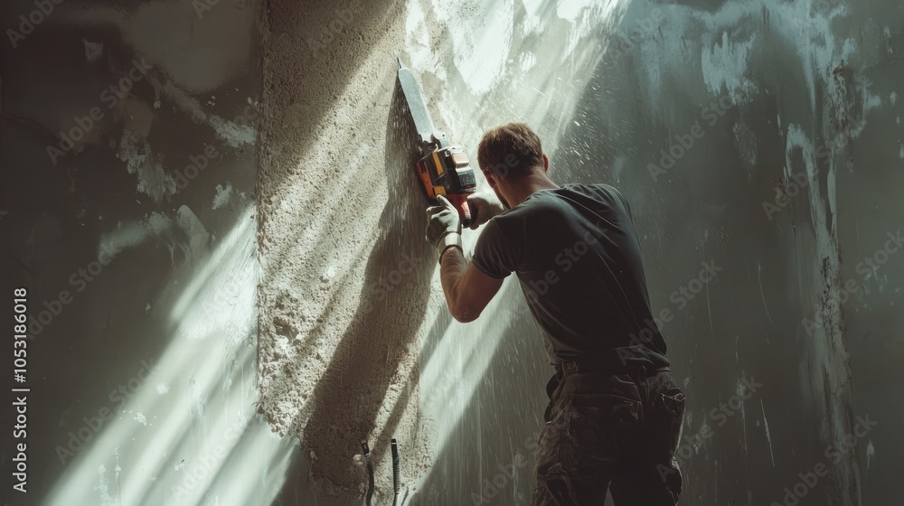 Fototapete a worker using a power tool to modify a wall in a construction setting with light streaming in.