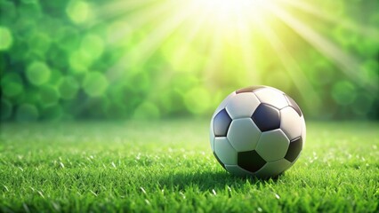 Naklejka premium Soccer ball on green grass field, soccer, sports, football, play, game, equipment, round, black and white, outdoor, activity