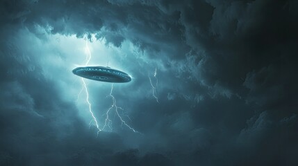 Obraz premium A UFO flying through a stormy sky, lightning illuminating its shape, creating a dramatic and thrilling atmosphere
