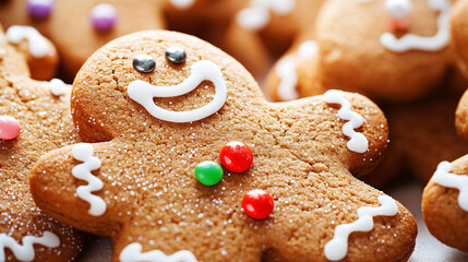 A cheerful gingerbread man cookie decorated with icing and colorful candies, perfect for holiday celebrations and Christmas treats.