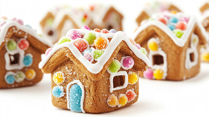 Brightly decorated mini gingerbread houses with colorful candies and icing, perfect for festive Christmas decor and holiday treats.