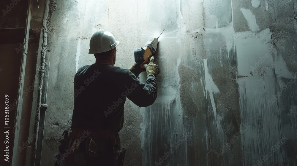 Poster a worker using a tool to cut or shape a wall in a construction setting.
