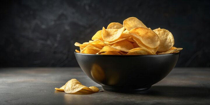 Potato chips in a black bowl, snack, crispy, salty, crunchy, delicious, food, appetizer, treat, close-up, top view, yellow