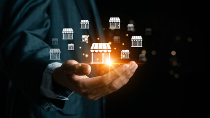 Franchise business concept, Franchise business or marketing expansion for growth, franchise marketing system in global business network, brand building and modern technology.