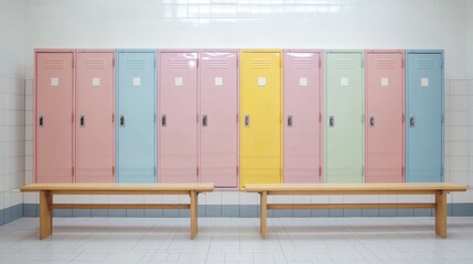 Empty School Locker Room with Benches and Lockers