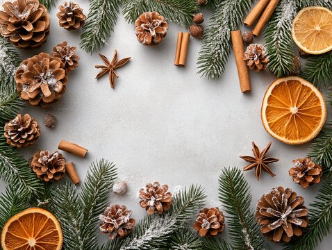 White background with Christmas decorations and big negative copy space, top view, flat lay