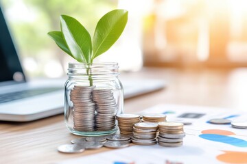 A sprouting plant in a jar of coins symbolizes growth, investment, and sustainability, highlighting financial prosperity and eco-friendliness.