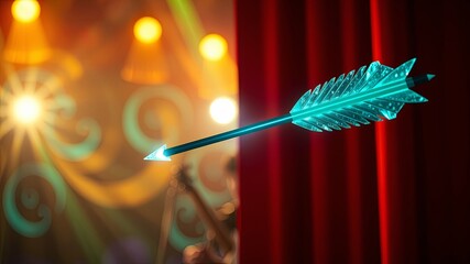 Naklejka premium A shimmering aqua arrow pierces the darkness, illuminated by stage lights, a symbol of the show's imminent arrival.