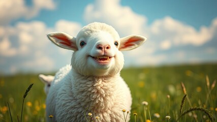 Fototapeta premium A fluffy white lamb with a wide, toothy grin stands in a field of green grass and tiny white flowers, basking in the warm sunlight and clear blue sky.