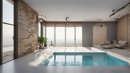 Minimalistic interior with swimming pool in center