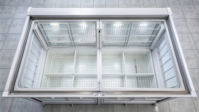 Empty chest freezer in supermarket, top view, supermarket, freezer, chest, empty, glass door