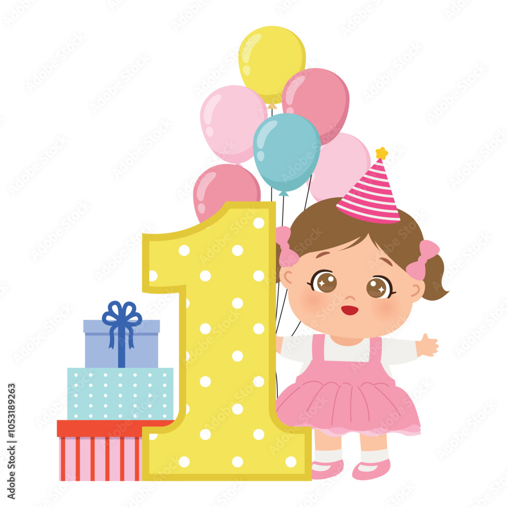 Wall mural Cute baby girl first birthday celebration clip art